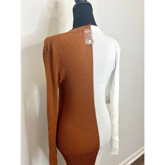 STAUD Shoko Sweater Dress Tan/White Size XL Knit Ribbed Button Front Long Sleeve - Picture 5 of 6